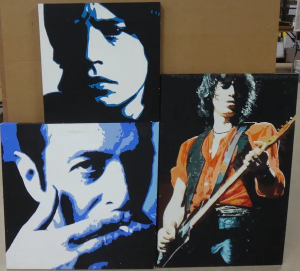 Contemporary School, Keith Richards; Joe Strummer; Mick Jagger, three, oil on canvas, unframed, one indistinctly signed, inscribed and dated Oct '04 o