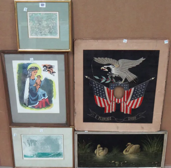 A group of six, including prints by Robert Broner, Desmond Wyeth, Fayga Ostrower, a 19th century oil of swans, a military needlework mount and another