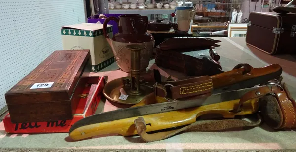 Collectables, including; vintage ice skates, bellows, cribbage box, portable writing box, chamberstick and sundry, (qty).   S2T