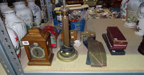 Collectables, including; a brass table lamp, a mahogany small mantel clock, a walnut money box, plated flatware and a quantity of silk scarves, (qty).