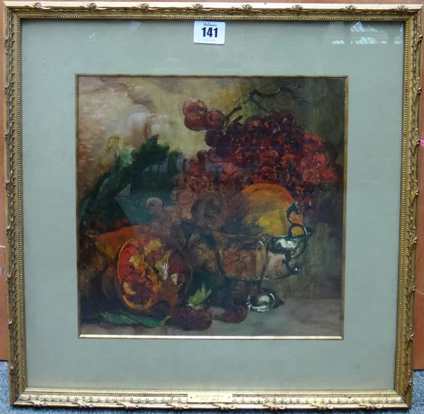 Circle of George Lance, Still life of silver, grapes and pomegranate, oil on canvas laid down, 27cm x 27cm.  I1