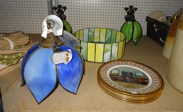 A group of 20th century faux shell lighting including wall lights, ceiling lights and six US Bicentennial mint collectors plates.   S4M