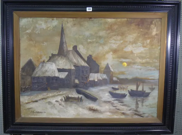 J. van der Veken (early 20th century), Snowy coastal village, oil on canvas, signed and dated 1912, 64cm x 89cm.  H1
