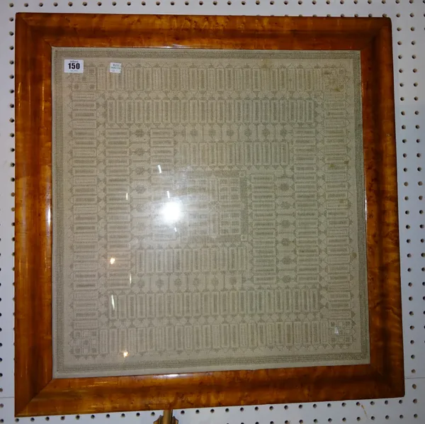 A 20th century woolwork tapestry in a square bird's eye maple frame, 64cm wide.  CAB