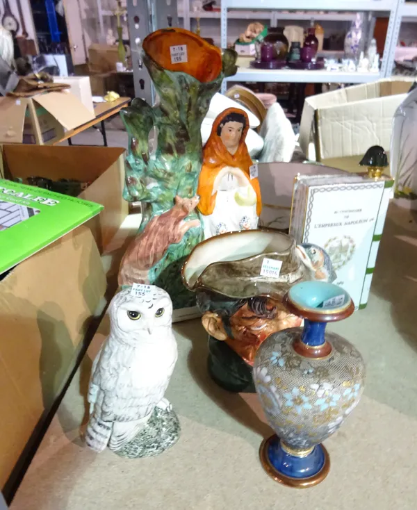 Ceramics, including; a Franklin Mint porcelain bowl decorated with chickens, a pair of glass decanters, a Staffordshire Red Riding Hood spill vase, Do
