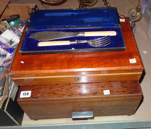 Silver plated wares, including; an oak cased canteen with associated contents, a small mahogany canteen and a set of cased fish servers, (qty).  S1B