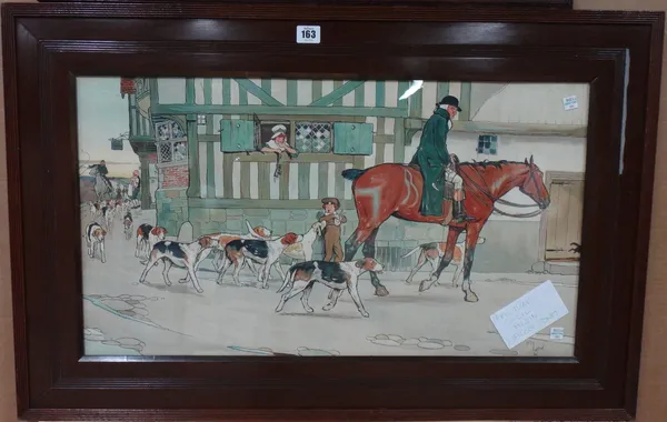 After Cecil Aldin, Huntsmen and hounds outside a tavern, colour lithograph, together with six Mr Jorrock hunting prints after John Leech, framed as tw