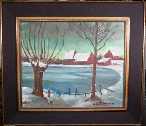 Luc Roman (20th century), Winter lake scene, oil on canvas, signed, 49cm x 59cm.  G1