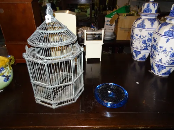 A 20th century grey painted bird cage, 65cm high  and a Whitefriars style blue glass bowl, 26cm wide (2).  L1