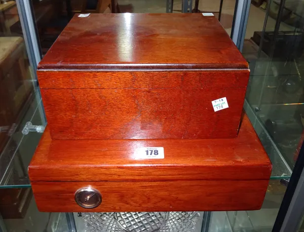 A 20th century mahogany humidor, 31cm wide x 23cm high and another, 25cm x 23cm, (2).   CAB