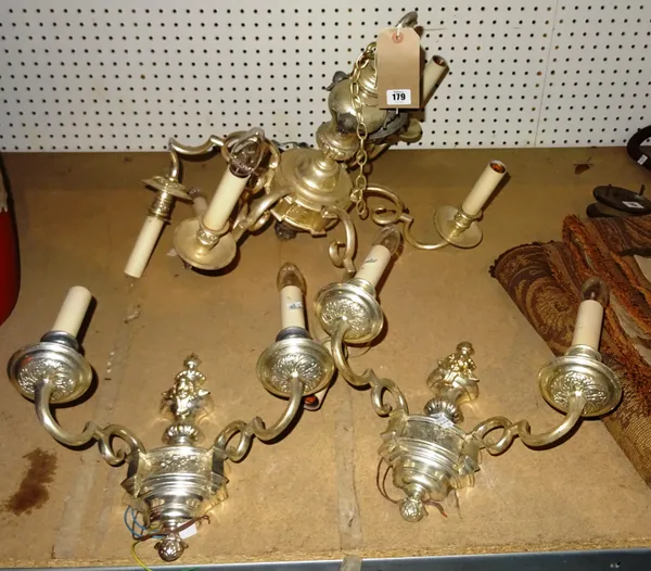 A 20th century silvered metal six branch chandelier and a similar pair of wall lights, (3).   S4B