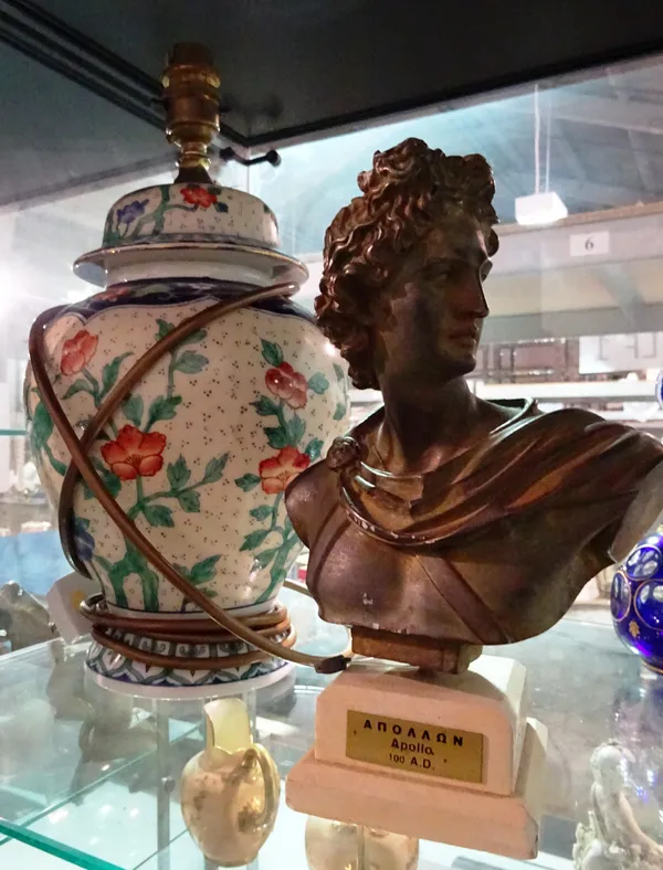 A small 20th century faux bronze bust of Apollo and a 20th century Chinese lamp base, 24cm wide.   CAB