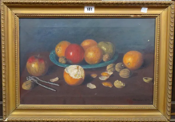 F** Beaubah? (late 19th century), Still life of fruit and nuts, oil on canvas, signed and dated 1899, 28cm x 44cm.  F1