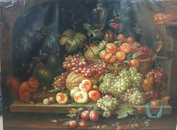 Chinese School (late 20th century), Still life of fruit and squirrel, oil on canvas, unframed, 148cm x 201cm.