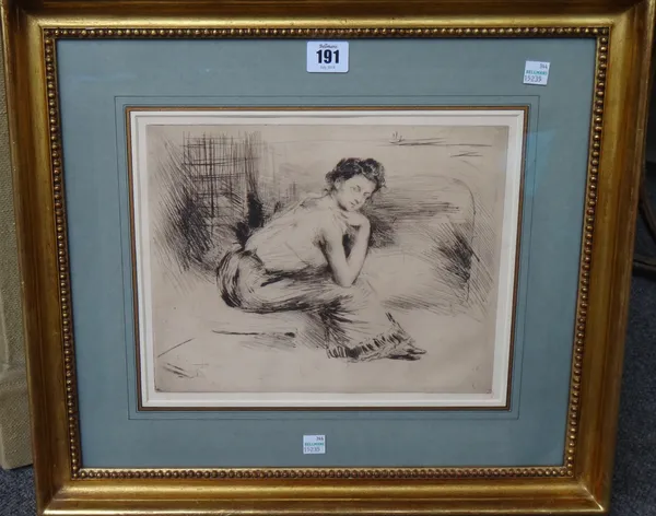 Norbert Gueneutte (1854-1894), Girl by the fire, drypoint etching, with stamp, 22cm x 27cm  CAB