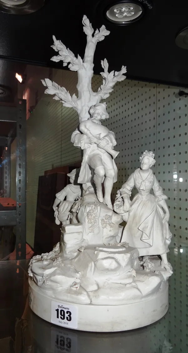 A matte glaze white porcelain figure group depicting a bagpipe player up a tree with ladies gathering flowers, 40cm tall.  CAB