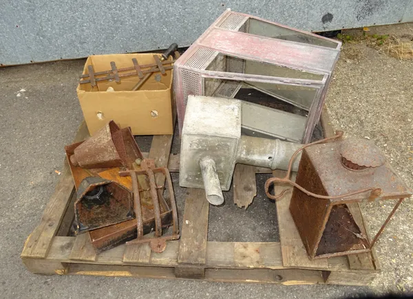 Metalware collectables, including; a fire back, a lantern, lead pump, drain hoppers and sundry, (qty).  OUT