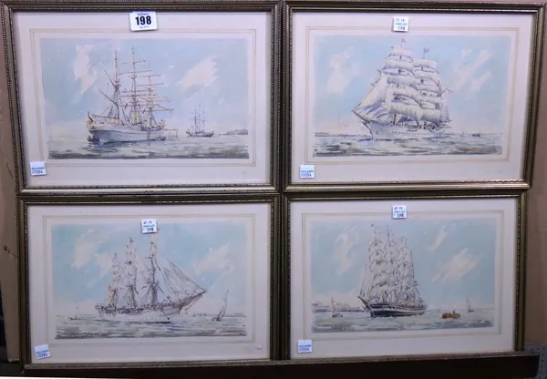 English School (20th century), Masted ships, a set of nine watercolours, all indistinctly signed and inscribed, each 15cm x 25cm.(9)  G1