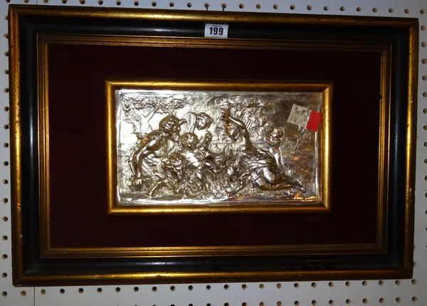 A silvered terracotta plaque depicting classical figures, putto and a ram, framed, overall size 55cm x 37cm. ROST