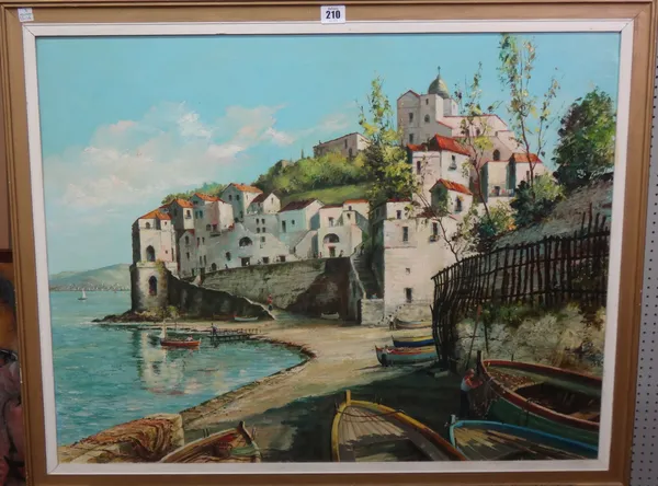 Patrick Johnson (20th century), A Mediterranean harbour scene, oil on canvas, signed and dated '76, 58cm x 75cm.; together with a colour print of Hop