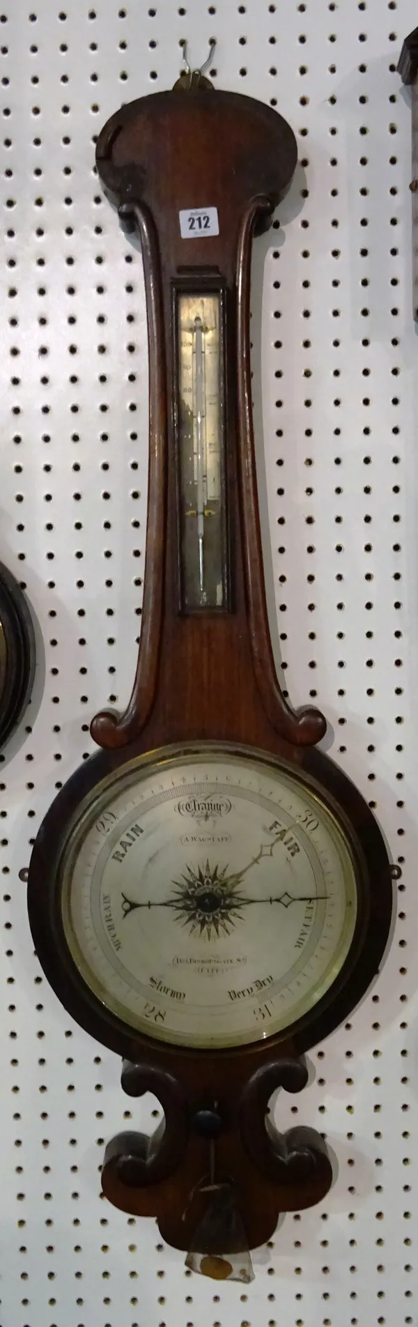 A Victorian rosewood banjo barometer by A Wagstaff, 99cm high.  CAB