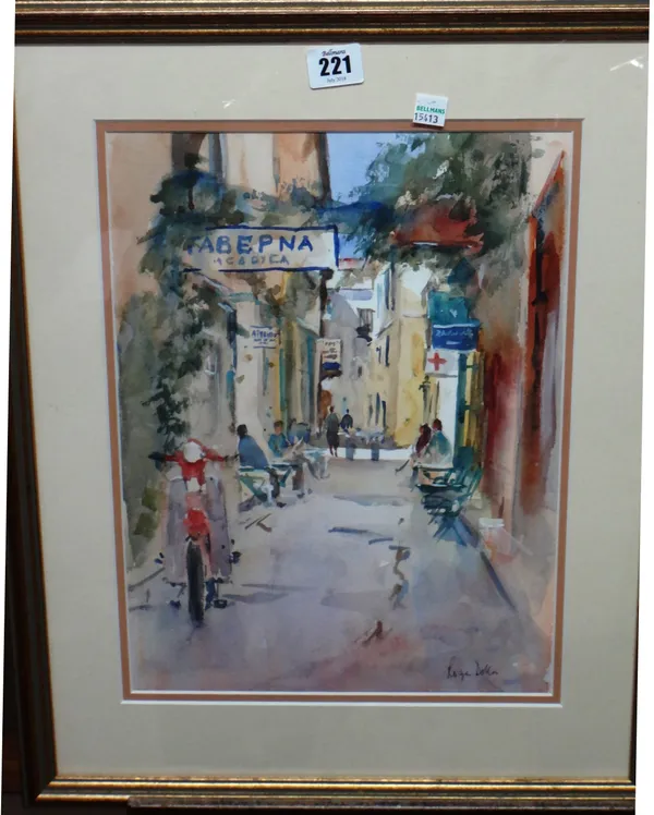 Roger Dellar (contemporary), Street Scene; Figures in a square, two watercolours, both signed, the larger 36cm x 26.5cm, (2).  E1