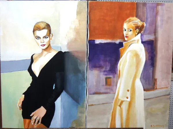 M. Stevens (late 20th century), Models, a pair, oil on canvas, both signed, unframed, each 75.5cm x 50.5cm.(2)  E1