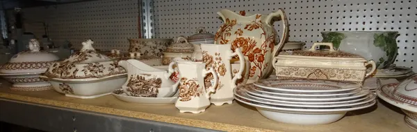 Ceramics, including; a large quantity of brown and white transfer printed dinner and tea wares and sundry, (qty).  S4T