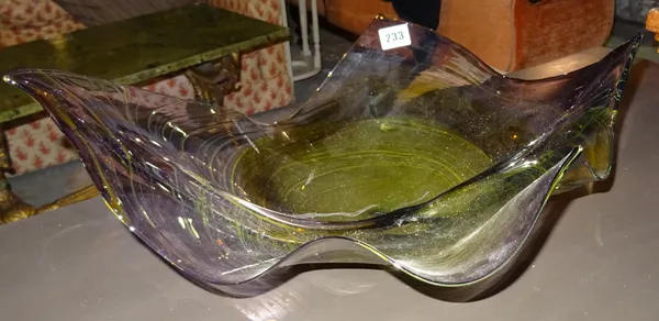 A 20th century Studio glass bowl formed as a leaf, signed 'Jane Hunt 2008', 52cm long.  G5