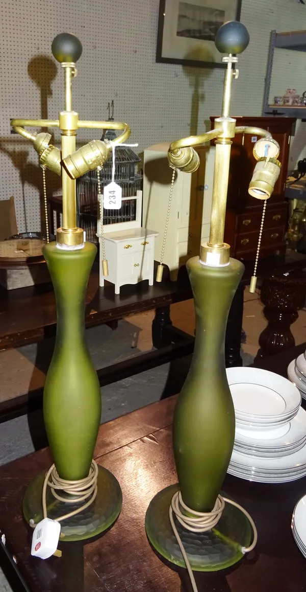 A pair of 20th century green frosted cut glass table lamps with twin branch gilt metal light fittings, 82cm high.  L2