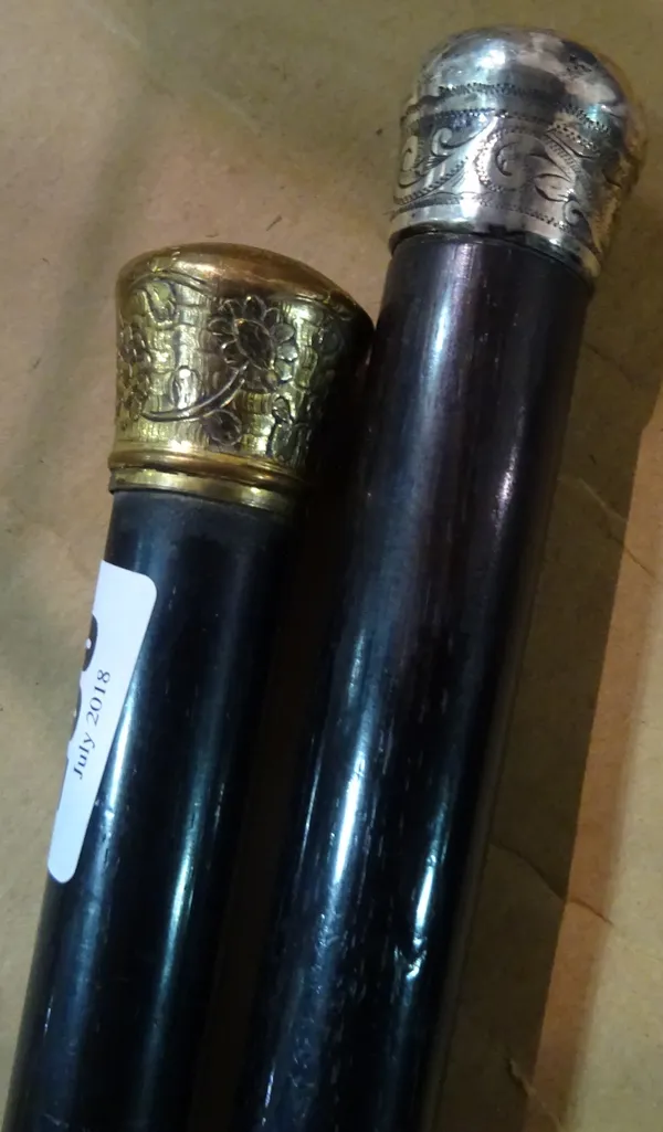 A 19th century gold painted ebony walking cane and a Continental silver and ebony cane, 88cm long, (2).   CAB