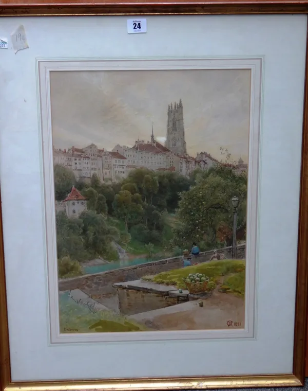 Harry Goodwin (1842-1925), Fribourg, watercolour, signed with monogram, inscribed and dated 1891, 47cm x 33cm.  M1