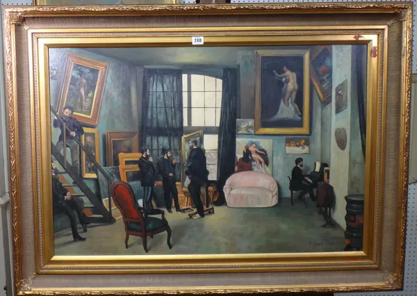 P. Giraud (late 20th century), A 19th century studio scene, oil on canvas laid on board, signed, 60cm x 90cm.  A6