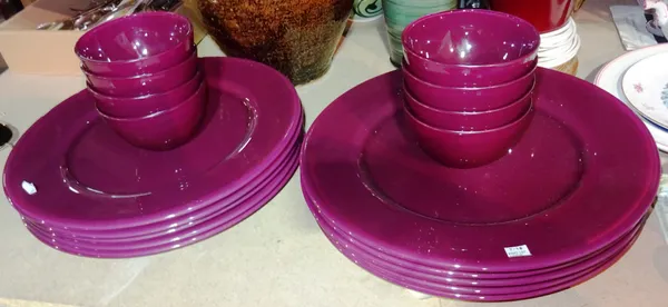 A set of ten 20th century purple glass dinner plates with eight matching finger bowls.  S3M