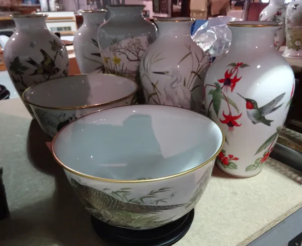 A group of five 20th century Franklin Mint decorative porcelain vases and two bowls. S2M