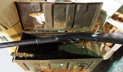 Military interest, including; an ammunition box,  a small cannon ball, a Japanese knife, WWII bayonet and a 19th century purcussion rifle, (a.f.).   S
