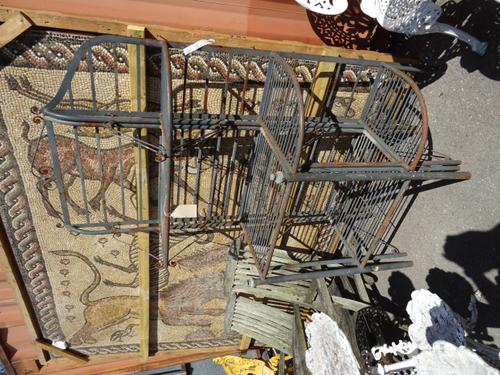 Garden furniture, comprising; a 20th century green painted metal three tier plant stand and matching corner plant stand, (2).  OUT