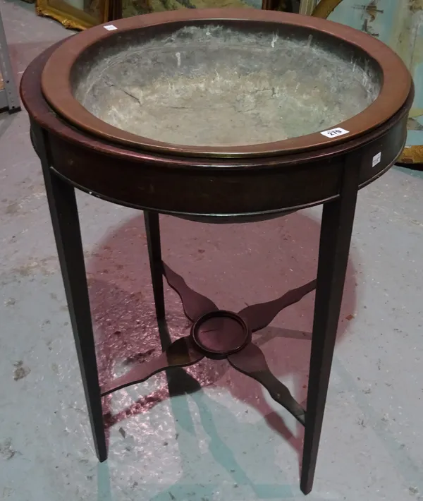 An early 20th century mahogany plant stand with inset copper bowl, 60cm wide x 80cm high.  BAY 1