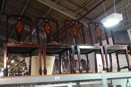 A set of four Edwardian inlaid mahogany vase back dining chairs, (4).  S2T