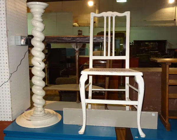 A 20th century white painted jardiniere stand on twisted column, 93cm high, a white painted side chair and a grey painted wall shelf, 70cm wide, (3).