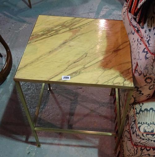 A pair of 20th century brass and faux marble side tables, 46cm wide x 57cm high.  BAY 1