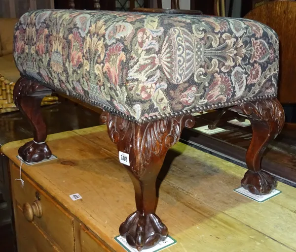 A George II style mahogany framed footstool on ball and claw feet, 61cm wide x 42cm high. I9