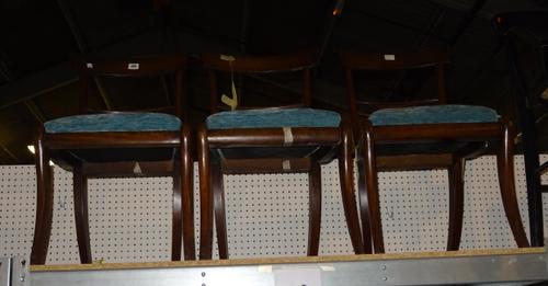 A set of three Regency mahogany bar back dining chairs and a George III style mahogany side table on tapering square supports, 92cm wide x 62cm high,