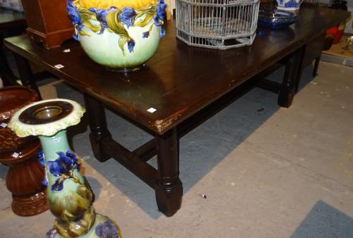 A 17th century style oak refectory table on turned supports united by 'H' frame stretcher, 106cm wide x 183cm long.  BAY 3