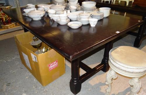 A 17th century style oak refectory table on turned supports united by 'H' frame stretcher, 106cm wide x 183cm long.   BAY 3