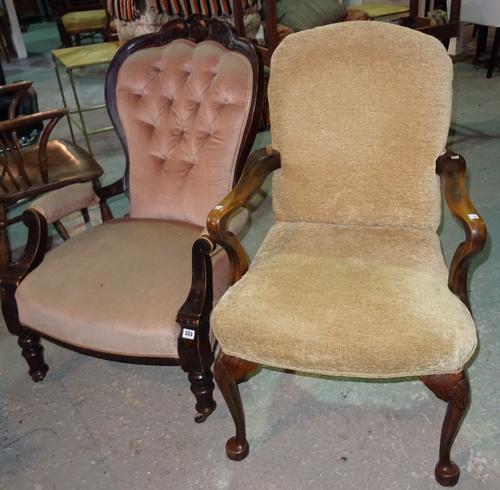 A Victorian ebonised nursing chair and a George III style walnut open armchair on pad feet, (2). I8