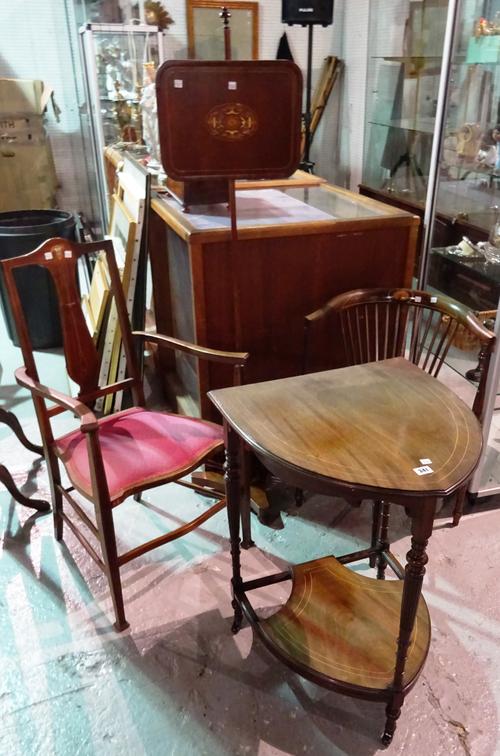Edwardian furniture comprising; an open armchair, a corner chair, a pole screen and a two tier console table, 52cm wide x 72cm high, (4). BAY 1