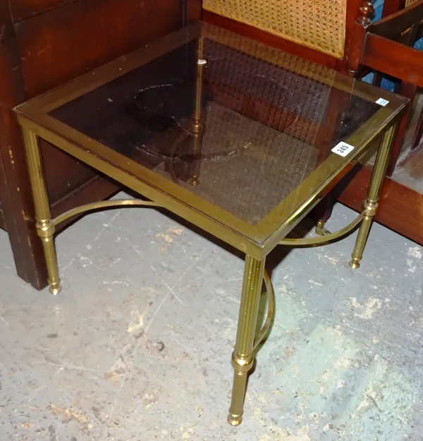 A pair of 20th century brass square coffee tables with smoked glass tops, 46cm wide x 40cm high (2). BAY 1
