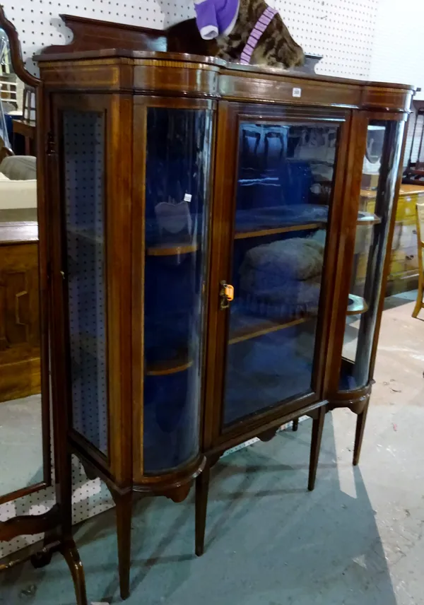 An Edwardian mahogany inlaid display cabinet on tapering square supports, 150cm wide x 123cm high.  B4