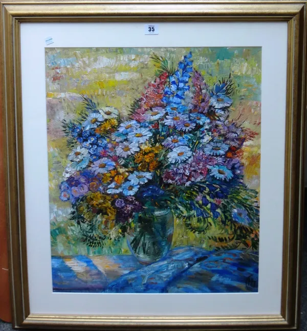 English School (20th century), Still life of summer flowers, oil on canvasboard, signed with monogram, 58cm x 48cm.  L1